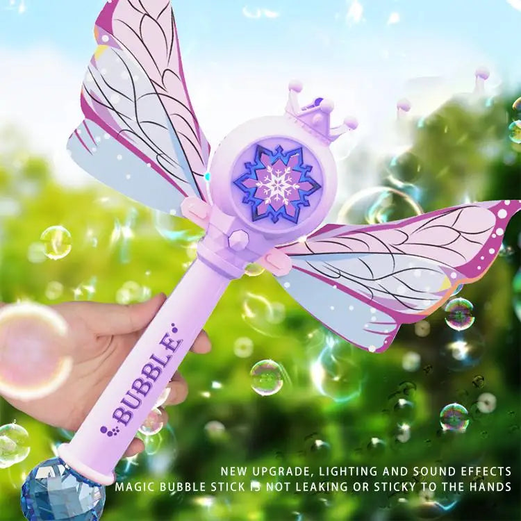 Whimsical fairy bubble wand adventure in pink and purple with butterfly wings crown and lighting machine perfect for kids
