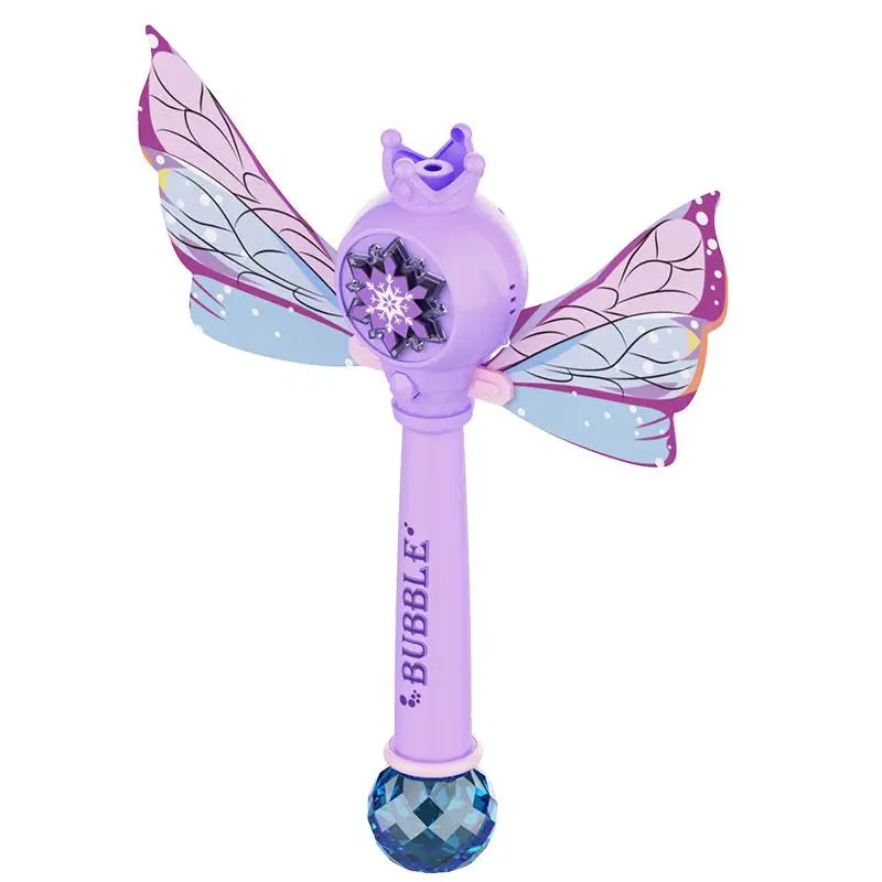 Purple whimsical fairy bubble wand with translucent wings and blue crystal base lighting machine perfect for kids summer fun