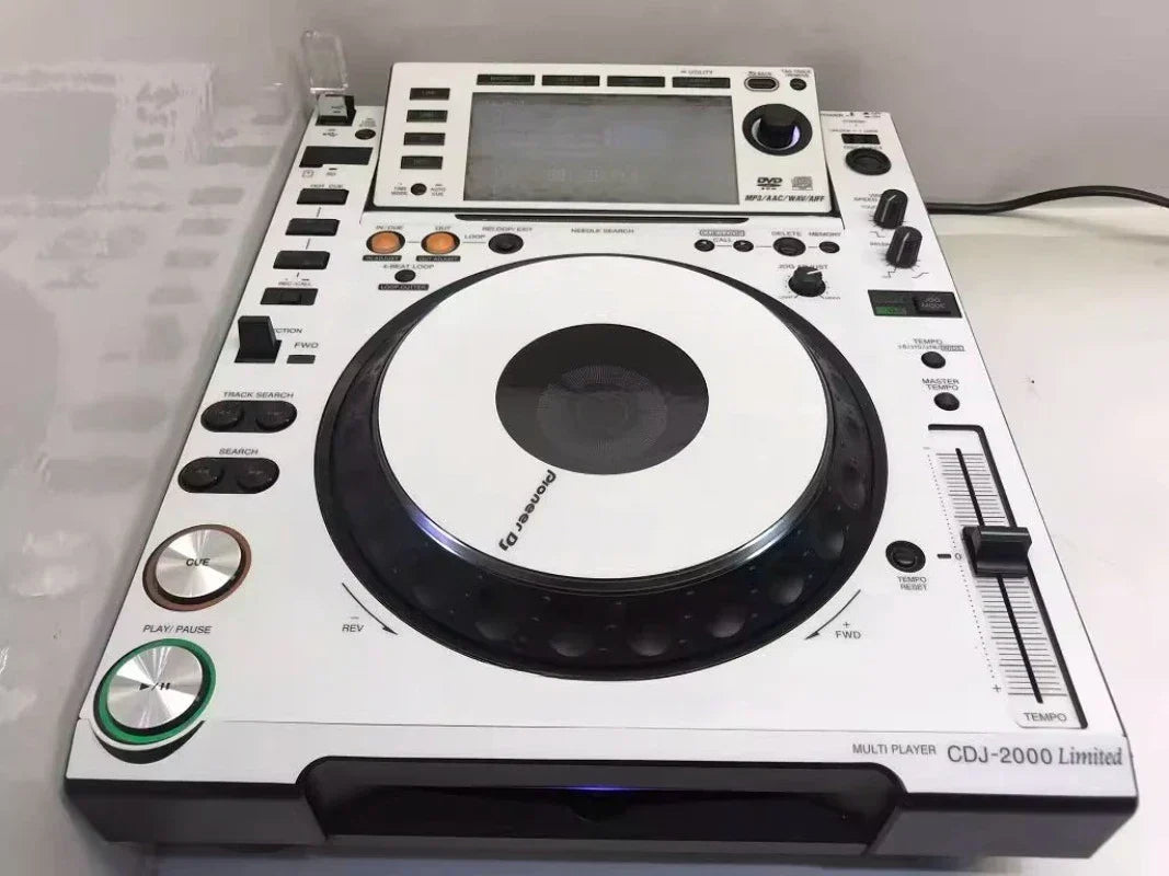 White protective skin sticker for Pioneer CDJ-2000 multi-player DJ turntable with full panel cover and silver accents