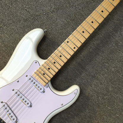 A sleek white and lavender electric guitar with maple fingerboard features and sparkling sss chrome hardware