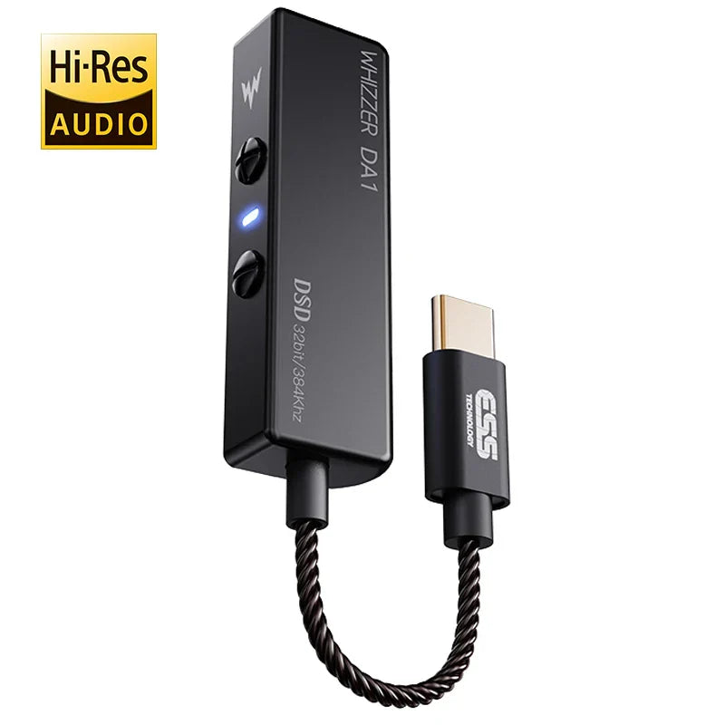 Black whizzer da1 portable usb c amplifier with braided cable and mic volume control for headphones and smartphones
