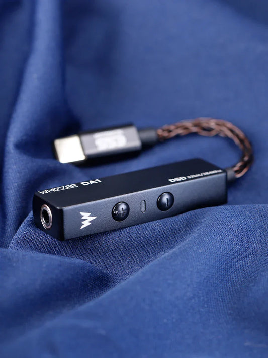 Black whizzer da1 portable usb c amplifier with braided copper cable silver lightning bolt logo and mic volume control