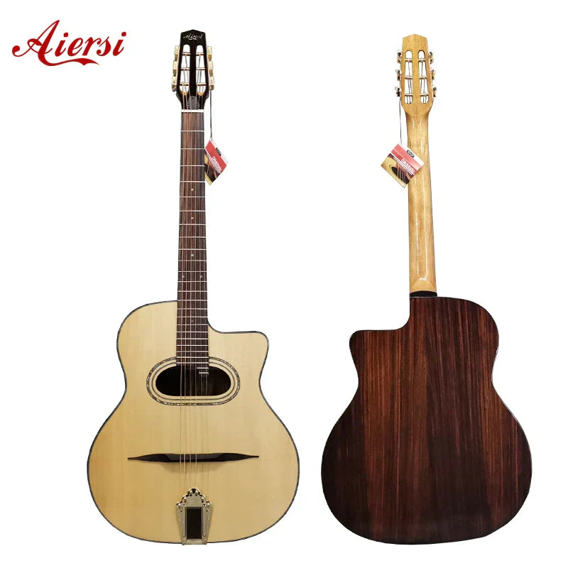 Aiersi custom brand stringed grande bouche gypsy jazz guitar with natural spruce top and dark brown fretboard cutaway design