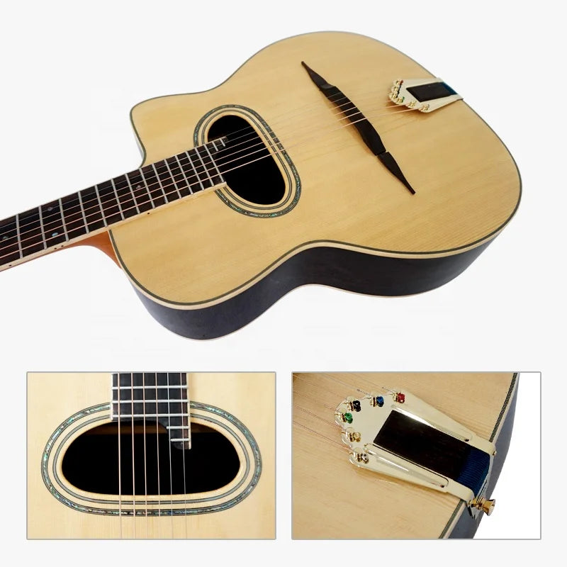 Light-colored wooden grande bouche gypsy jazz acoustic guitar with black binding and gemstone bridge wholesale aiersi custom brand stringed