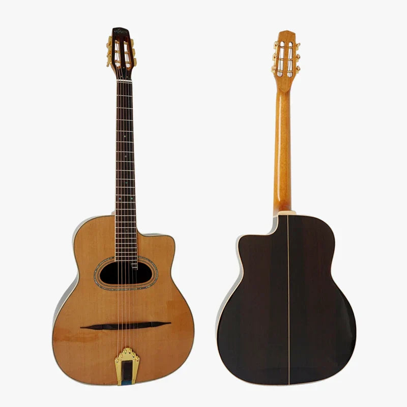 Natural wood-finish wholesale aiersi custom grande bouche gypsy archtop guitar with cutaway and gold tuning pegs