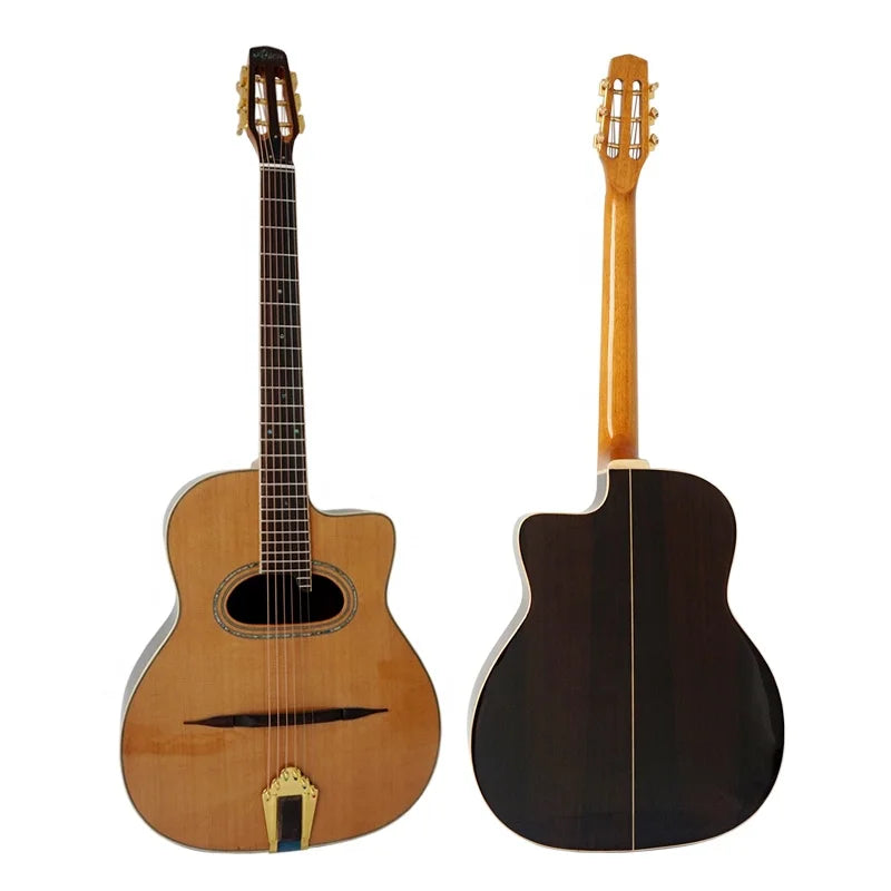 A natural wood-finish wholesale aiersi custom grande bouche gypsy guitar with glossy black back and gold tuning pegs