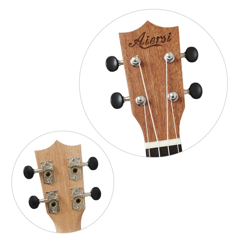 Aiersi brand 21 inch soprano ukulele headstock with natural wood finish and black tuning pegs wholesale cheap price oem custom made