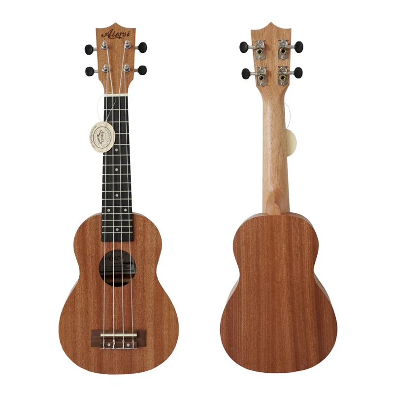 A alaska brand light brown wooden soprano ukulele with black fretboard and silver pegs wholesale cheap price oem custom made
