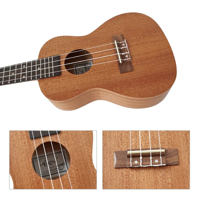 A light brown mahogany aiersi brand 21 inch soprano ukulele with natural wood grain and white strings wholesale cheap price oem custom made
