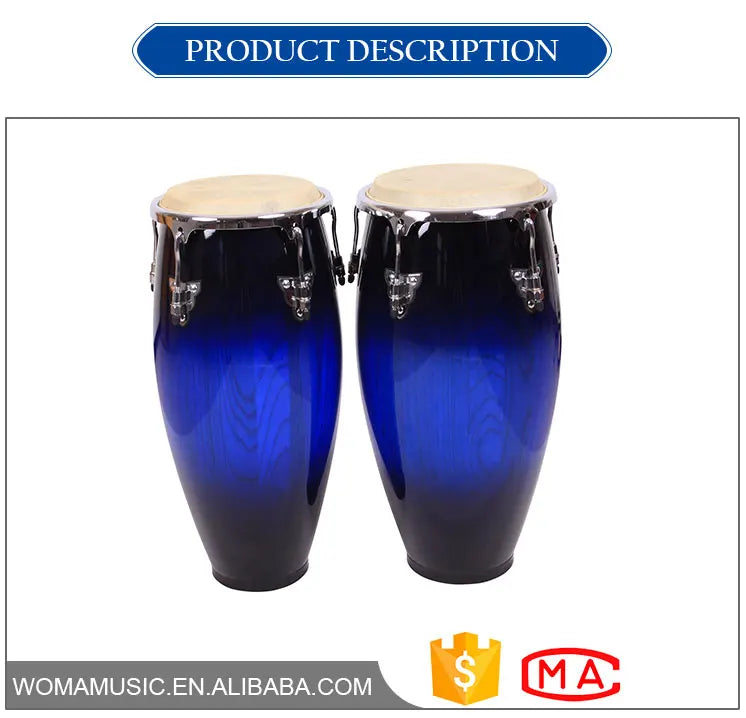A pair of wholesale congas music drums with glossy gradient blue plastic wood and customized logo options