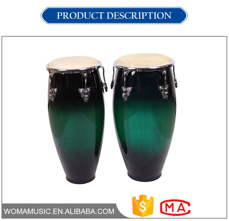 Pair of glossy gradient green wholesale congas music drums with chrome hardware and light-colored plastic wood drumheads customized logo