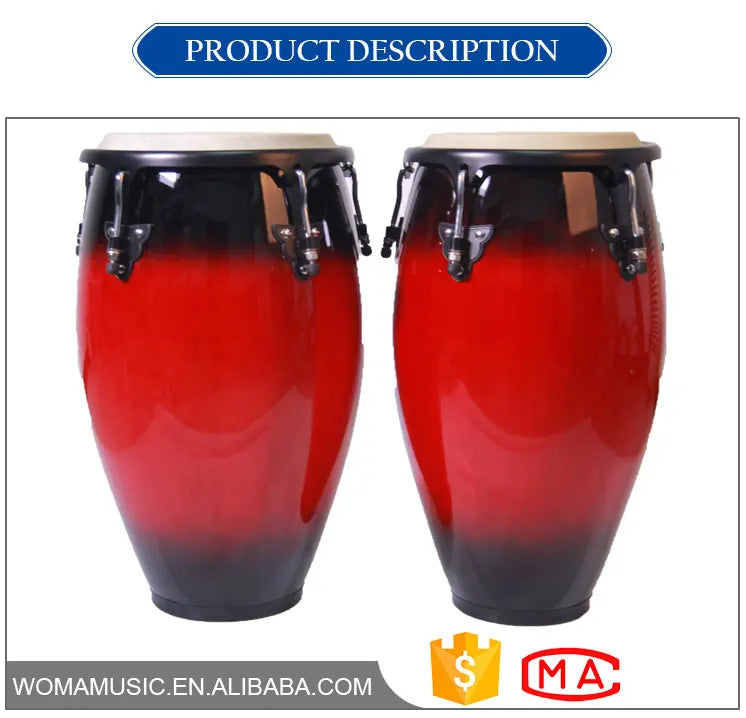 Pair of glossy red-to-black gradient wholesale congas music drums with black hardware and light plastic wood drumheads customizable logo