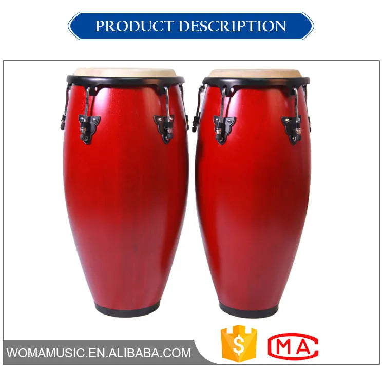 Pair of vibrant red wholesale congas music drums with black hardware light-colored drumheads plastic wood customized logo