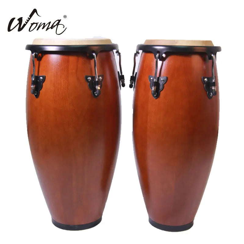 A pair of WOMA wholesale congas music drums with polished brown plastic wood and black metal hardware with customized logo options