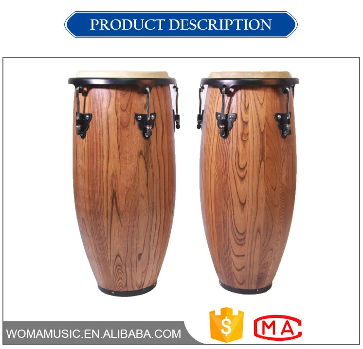 Pair of wholesale congas music drums with natural wood grain finish, black metal hardware, and customizable logo option