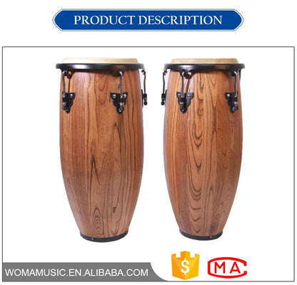 Pair of wholesale congas music drums with natural wood grain finish, black metal hardware, and customizable logo option