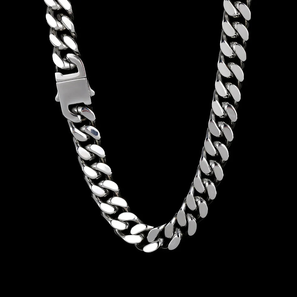 Silver-toned stainless steel curb cuban link chain necklace for men with polished finish and sturdy rectangular clasp