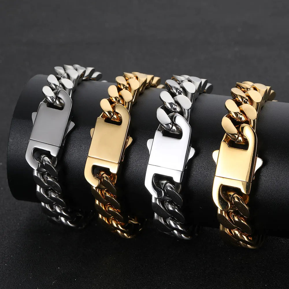 Four stainless steel curb cuban link bracelets in silver and gold with matching rectangular clasps for wholesale hip hop jewelry