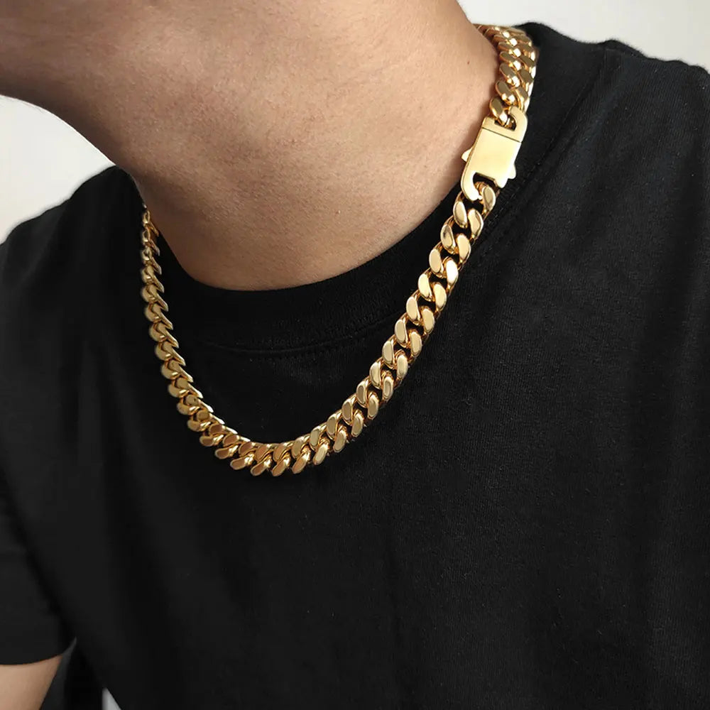 Gold-colored stainless steel curb cuban link chain necklace with matching clasp for wholesale hip hop jewelry men