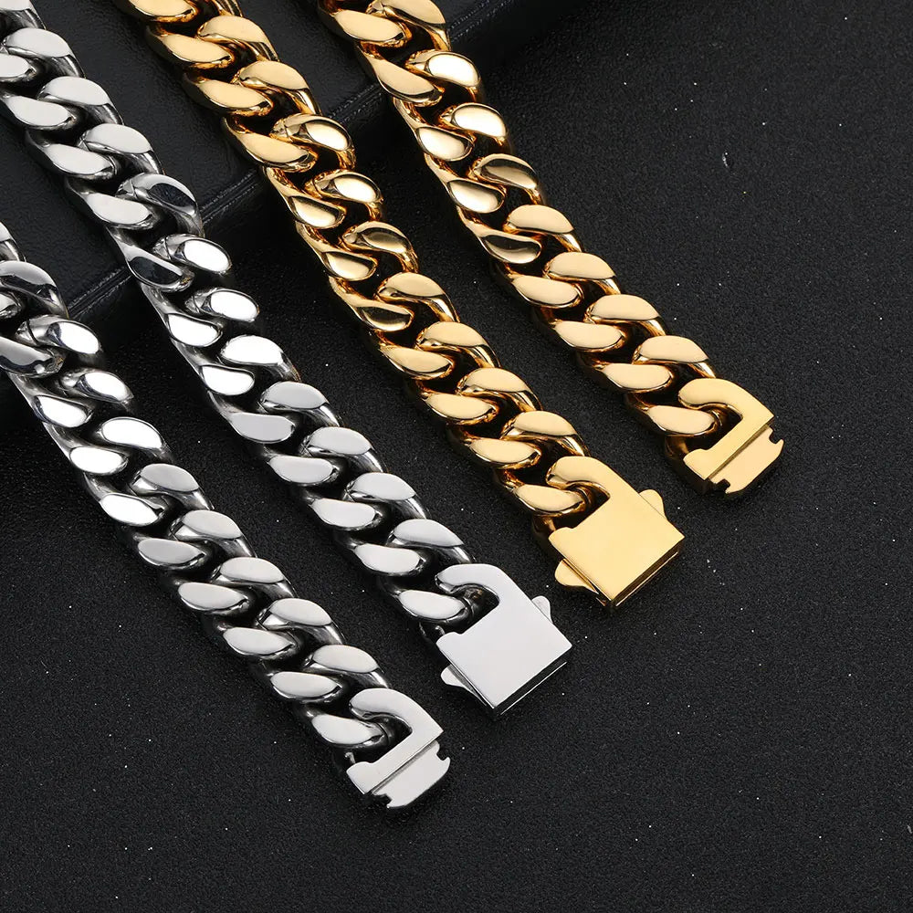 Three thick stainless steel curb cuban link chains in silver and gold tones for wholesale hip hop jewelry men
