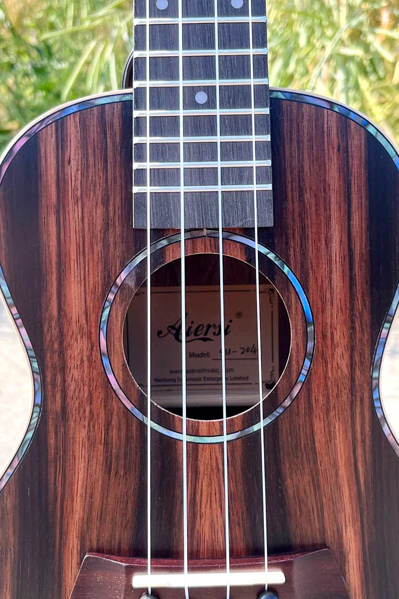 Aiersi java ebony concert ukulele with dark wood finish and abalone inlay made in china string instrument wholesale price