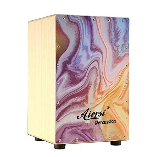 A vibrant marbled purple pink orange wooden cajon hand box drum with wholesale price custom export experience