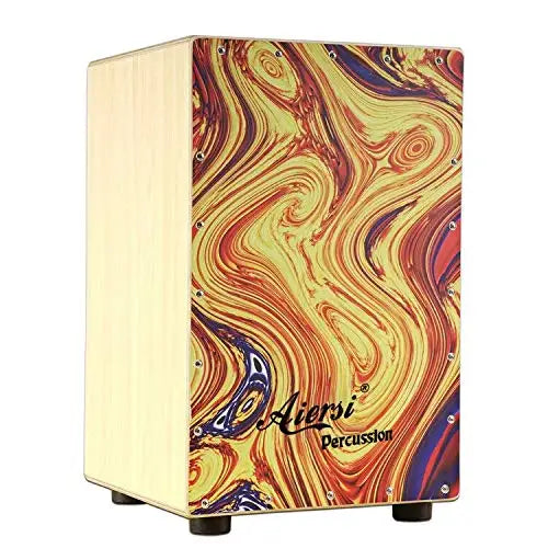 A wholesale price custom wooden cajon hand box drum with a vibrant orange yellow red and purple marbled front panel
