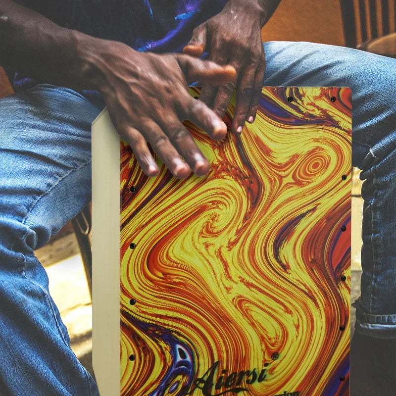Vibrant marbled yellow orange and purple wooden cajon hand box drum with sleek white side panel for wholesale price custom sale