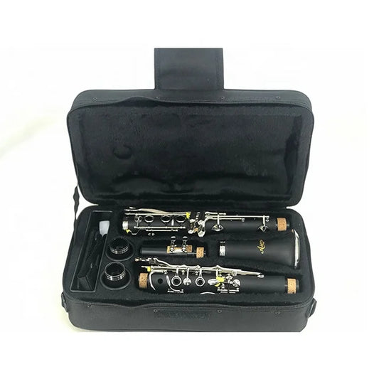 Black clarinet woodwind musical instrument with silver keys and gold branding in black case custom oem odm keys bb bakelite