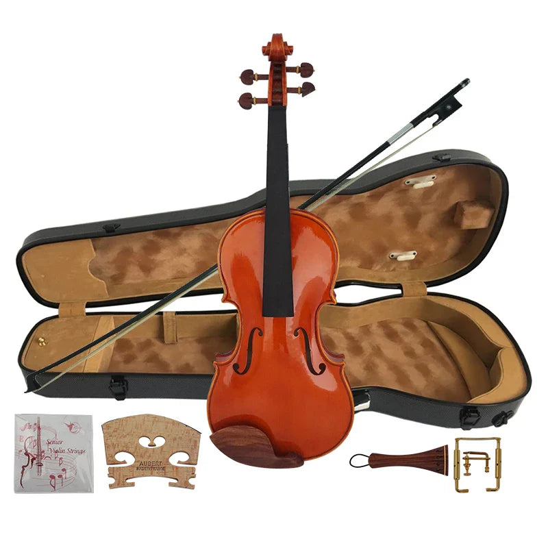 A polished orange violin with black neck and accessories made from european material wholesale price handmade professional italian musical instrument custom