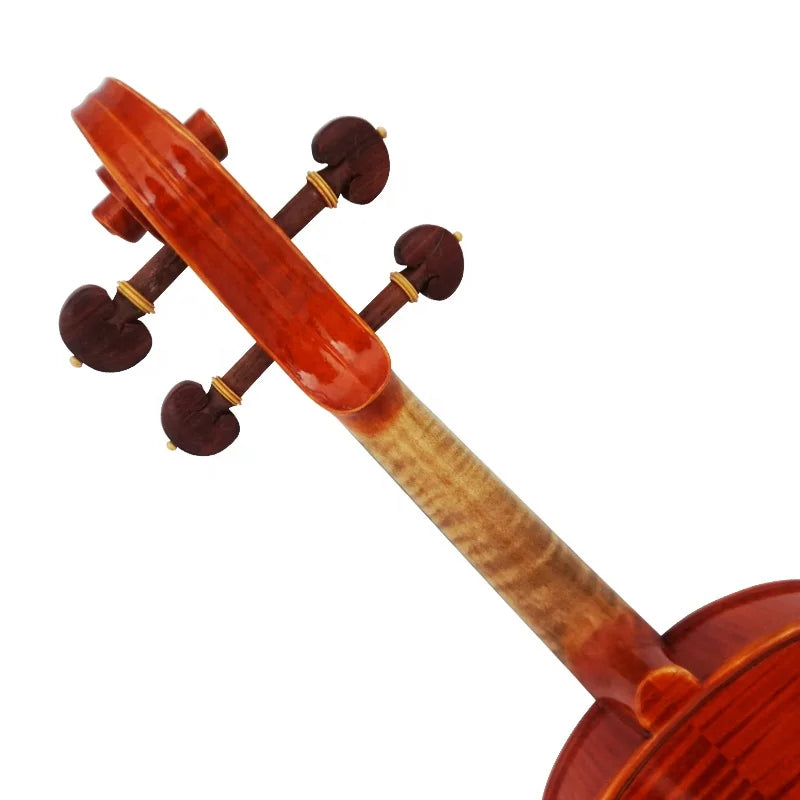 A polished reddish-brown handmade professional italian violin with glossy finish and gold tuning pegs for string music