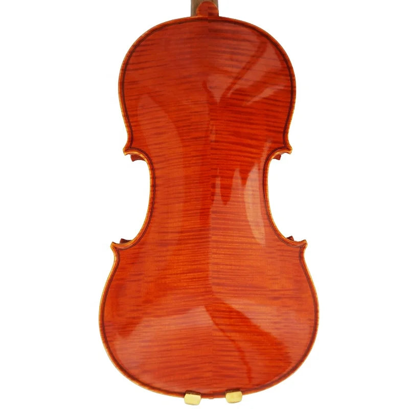 A polished handmade professional italian violin in rich amber brown with glossy finish and elegant wood grain patterns