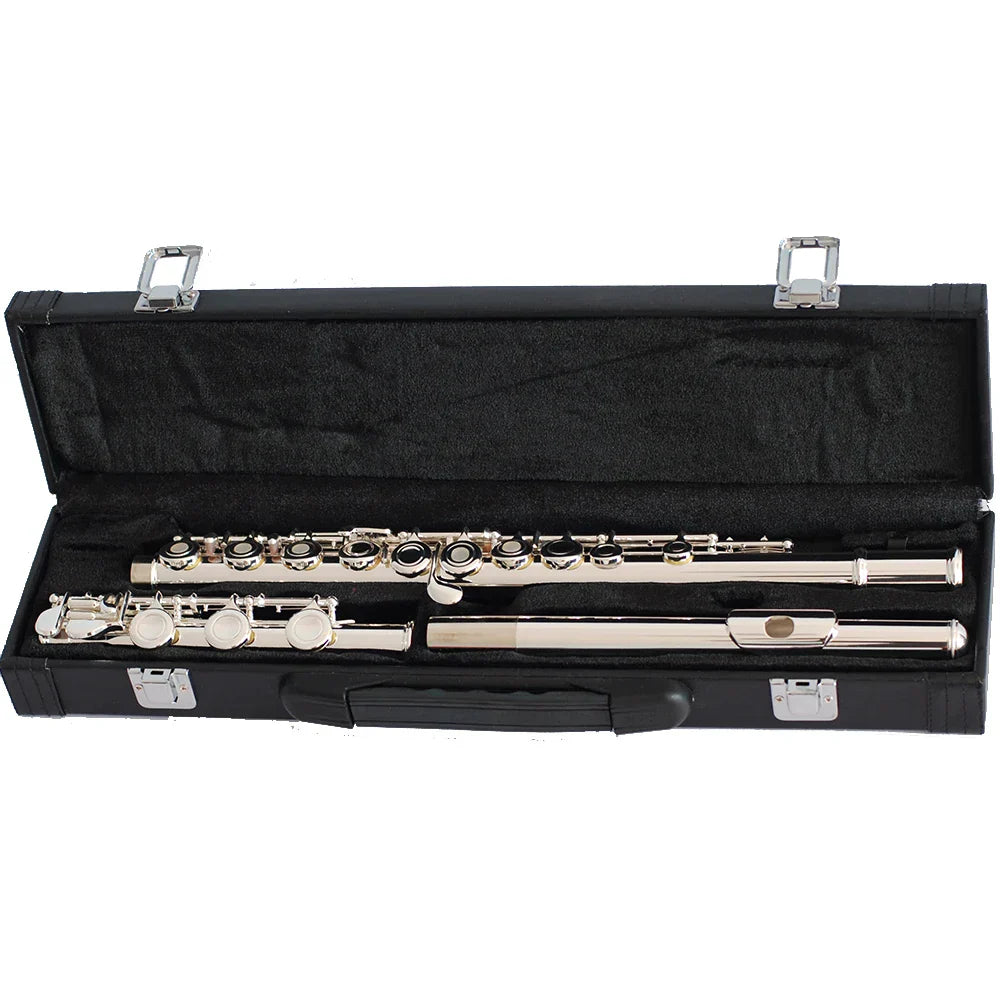 Wholesale professional silver-plated 16 17 hole performance flute with polished keys in sleek flute open design wind instruments case
