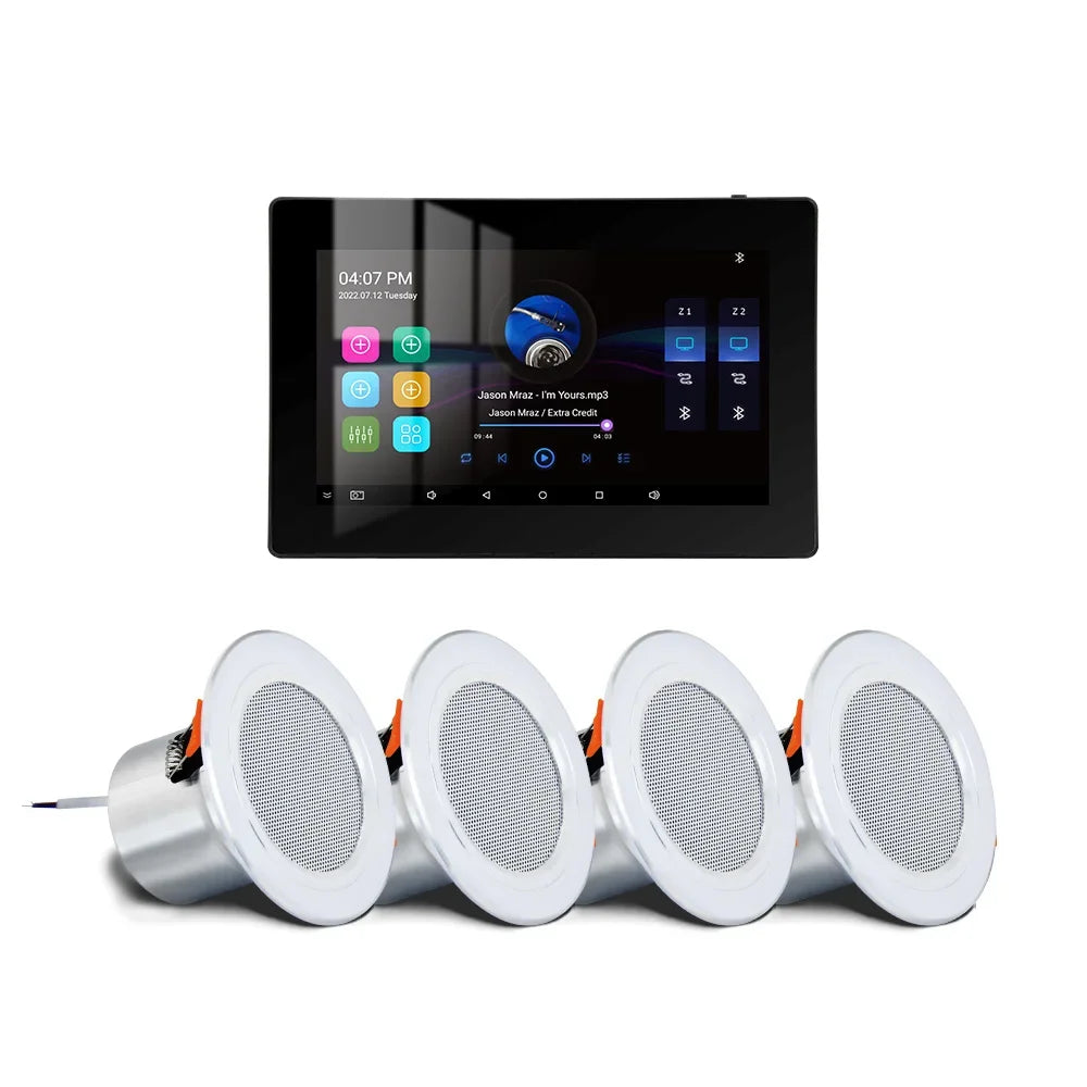 Black-framed 7 inch wifi bluetooth wall amplifier with four white recessed mini stereo ceiling speakers in metal frame