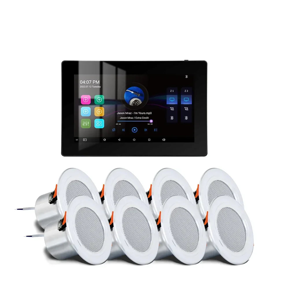 Black wifi bluetooth wall amplifier with touchscreen and white mini stereo ceiling speakers for home theater system