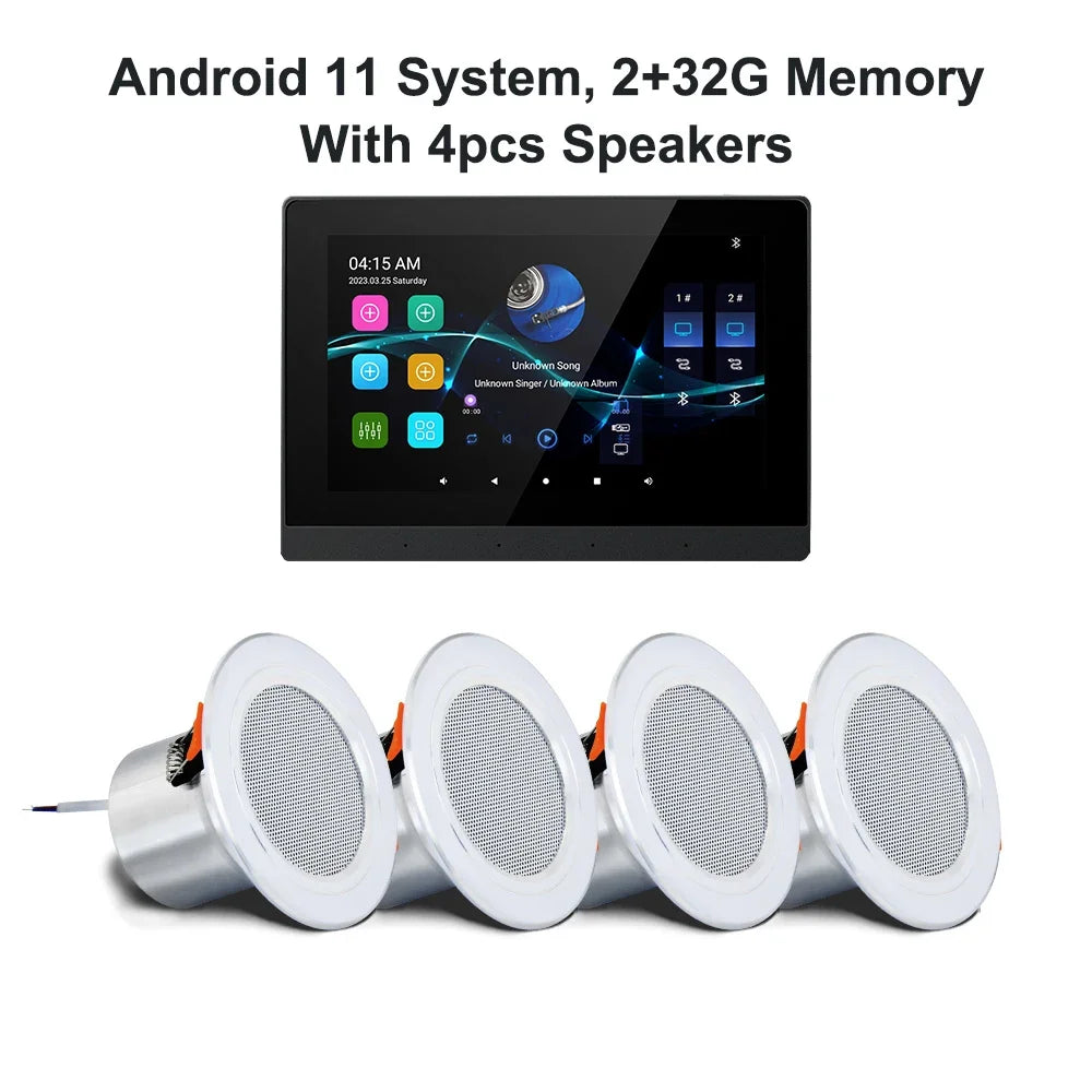 Black android 11 wifi bluetooth wall amplifier with 7 inch touchscreen and four white mini stereo ceiling speakers metal frame