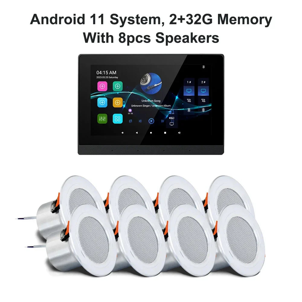 Black android 11 wifi bluetooth wall amplifier with 7 inch touchscreen and eight white mini stereo ceiling speakers
