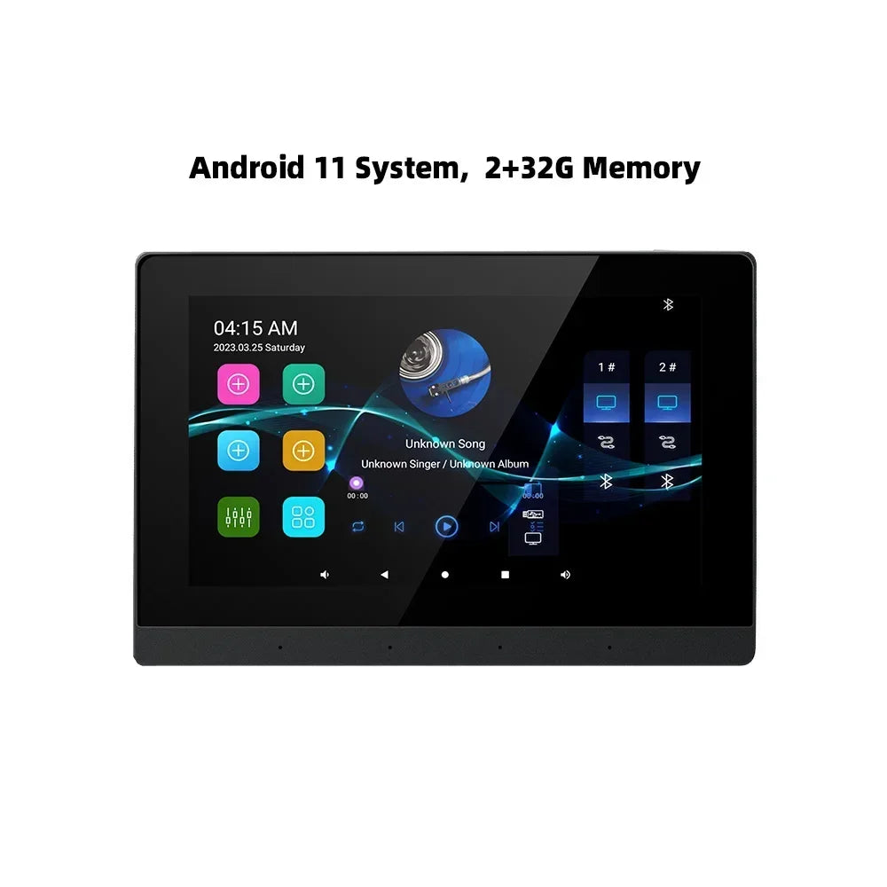 Black android 11 car stereo wifi bluetooth wall amplifier with 7 inch touchscreen metal frame for home theater mini stereo ceiling use