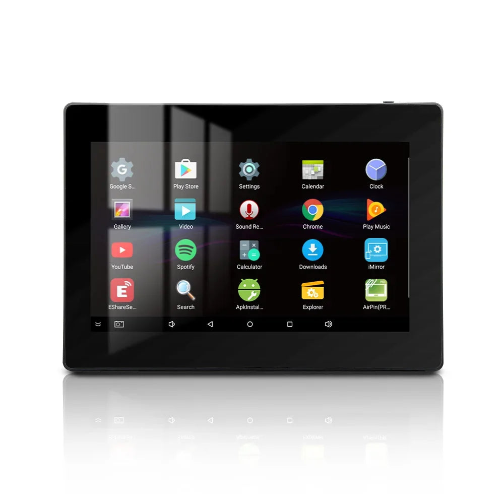 Black android tablet with glossy screen showing colorful app icons for wifi bluetooth wall amplifier system