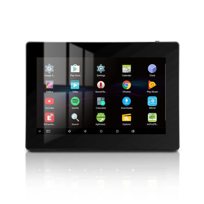 Black android tablet with glossy screen showing colorful app icons for wifi bluetooth wall amplifier system