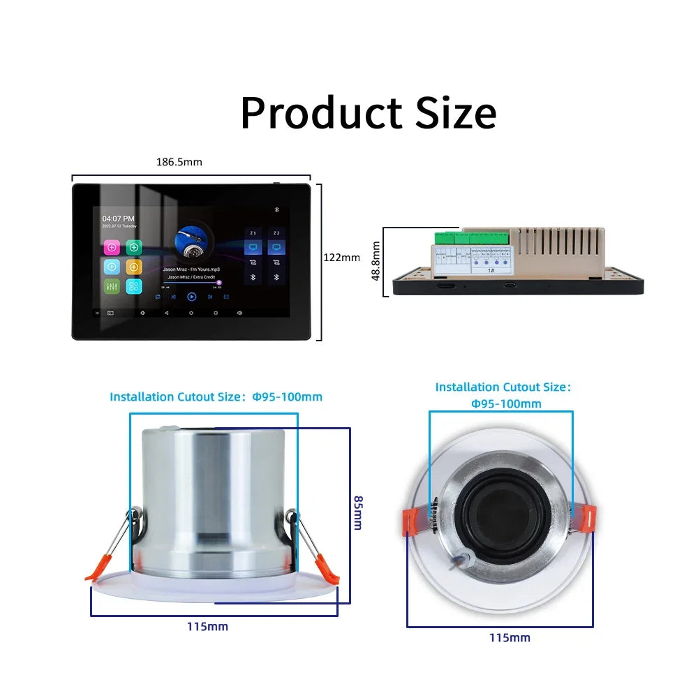 Black touchscreen mini stereo ceiling bluetooth wall amplifier with silver trim and metal frame for home theater use