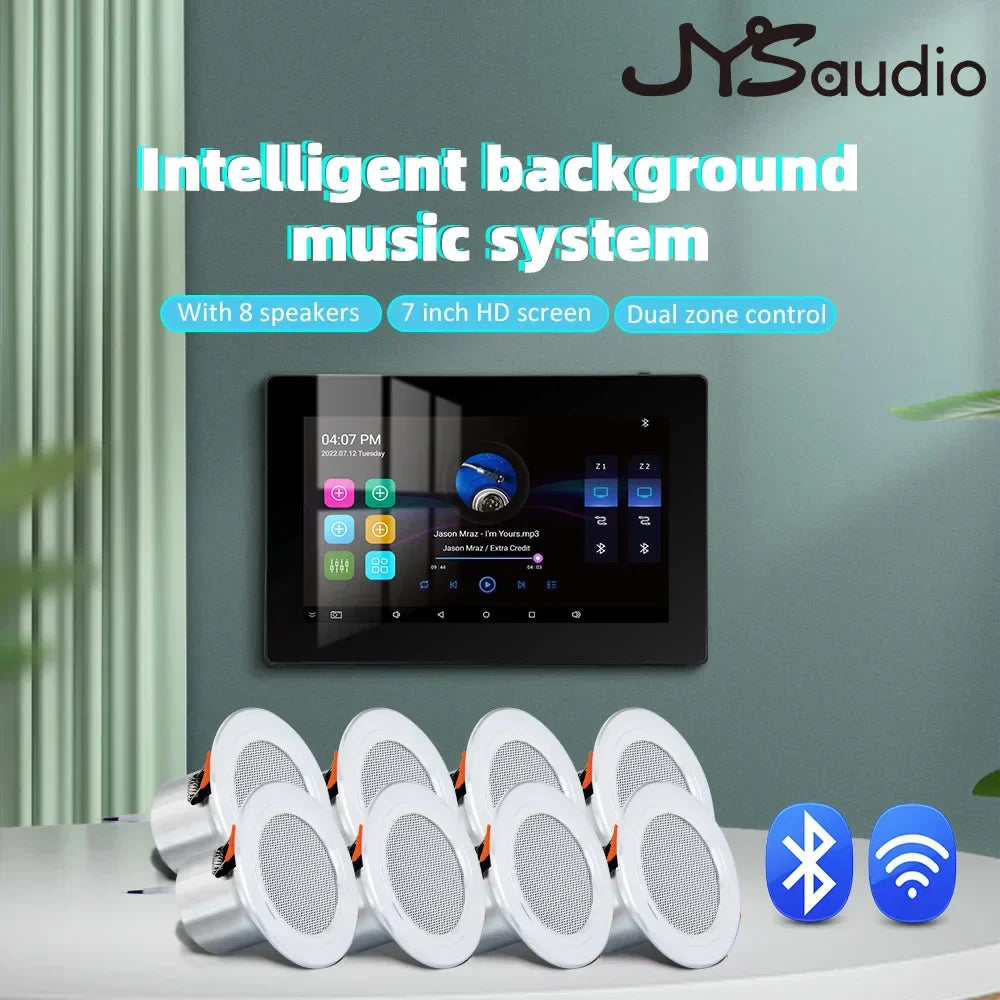 Jysaudio wifi bluetooth wall amplifier with 8 white recessed speakers and 7 inch hd touchscreen for home theater