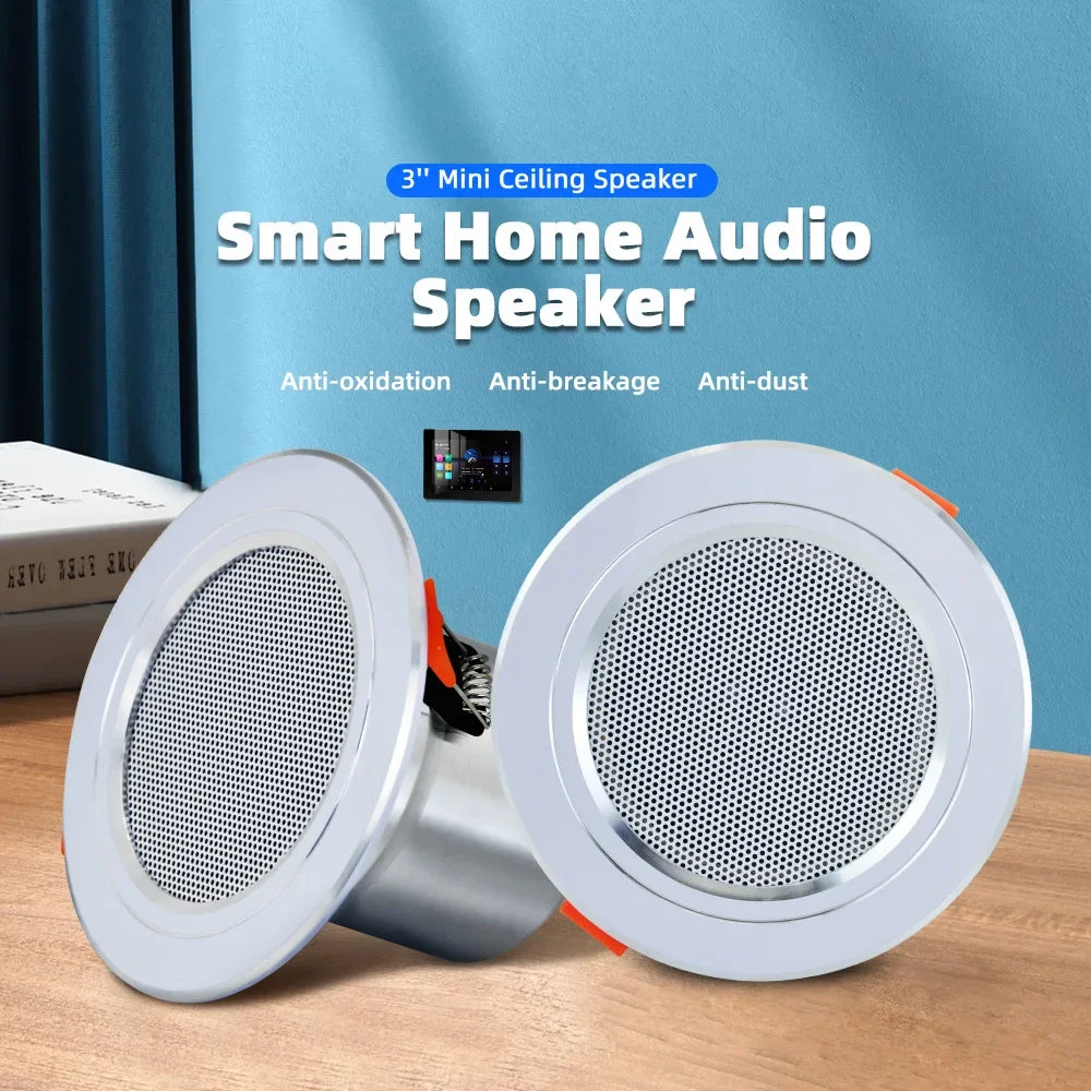 White 3-inch mini stereo ceiling speaker with perforated grille and metallic trim for wifi bluetooth wall amplifier system