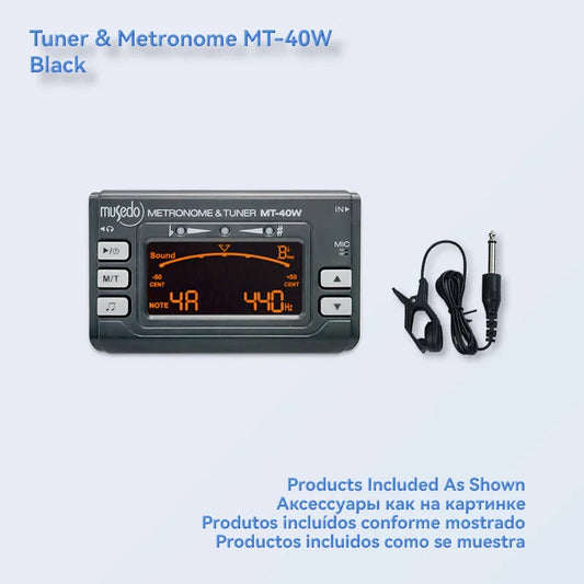 Black wind instrument tuner mt-40w with pickup clip dual mode and orange digital display showing metronome mode support