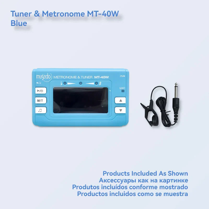 Blue plastic wind instrument tuner mt-40w with pickup clip dual mode and switchable metronome mode for precise tuning