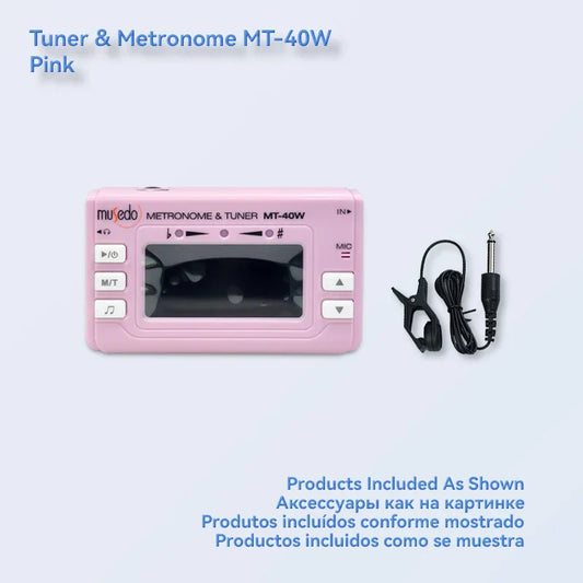 Pink plastic museo mt-40w wind instrument tuner with white buttons black display switchable metronome mode pickup clip dual