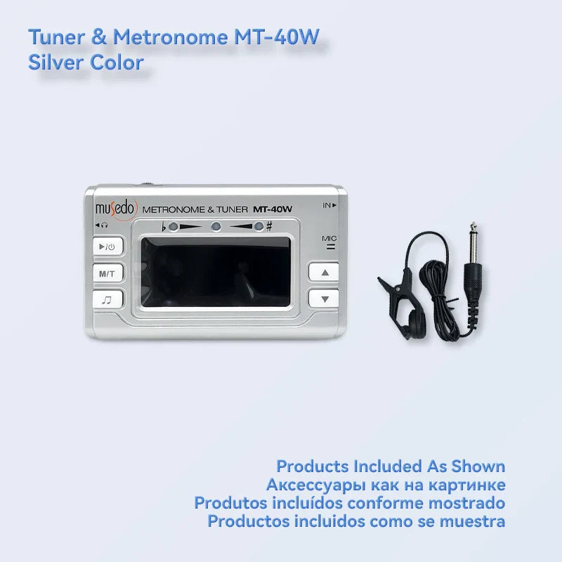 Silver mujedo mt-40w wind instrument tuner with pickup clip dual mode and switchable metronome mode for precise tuning