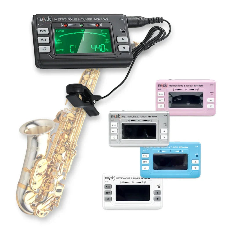 Black plastic wind instrument tuner with pickup clip dual mode and switchable metronome mode green digital display
