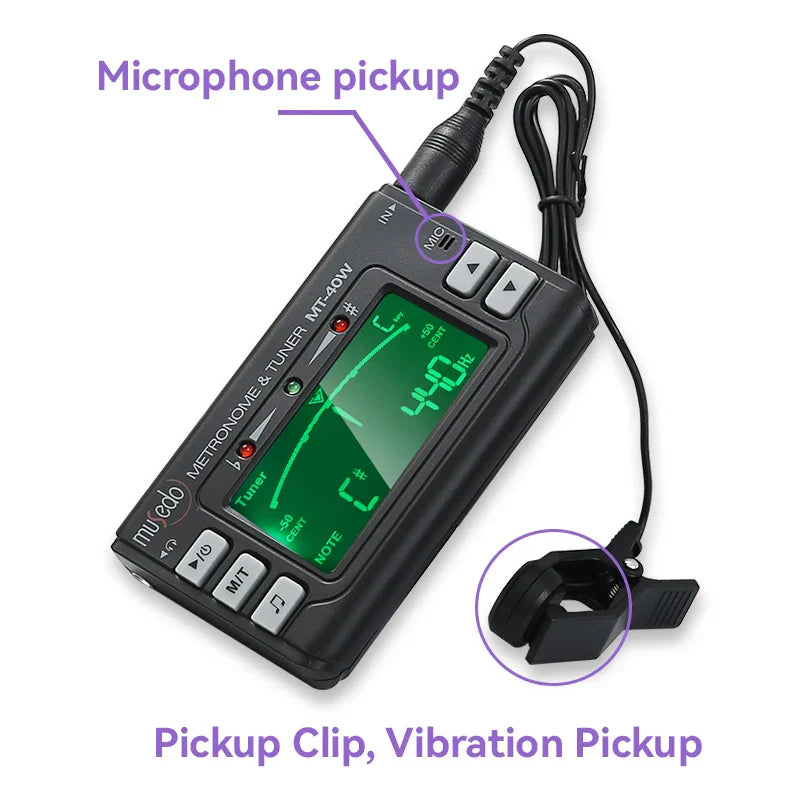 Black plastic wind instrument tuner muedo mt-40w with green display 440 hz pickup clip dual and switchable metronome mode