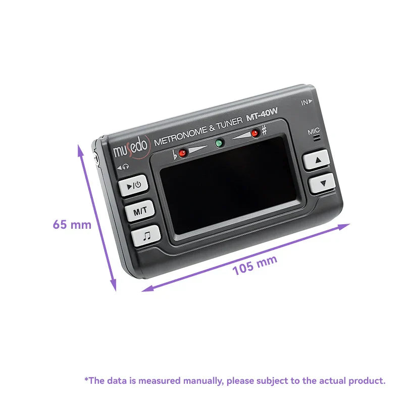 Black plastic mu edo mt-40w wind instrument tuner with pickup clip dual and switchable metronome mode and small screen
